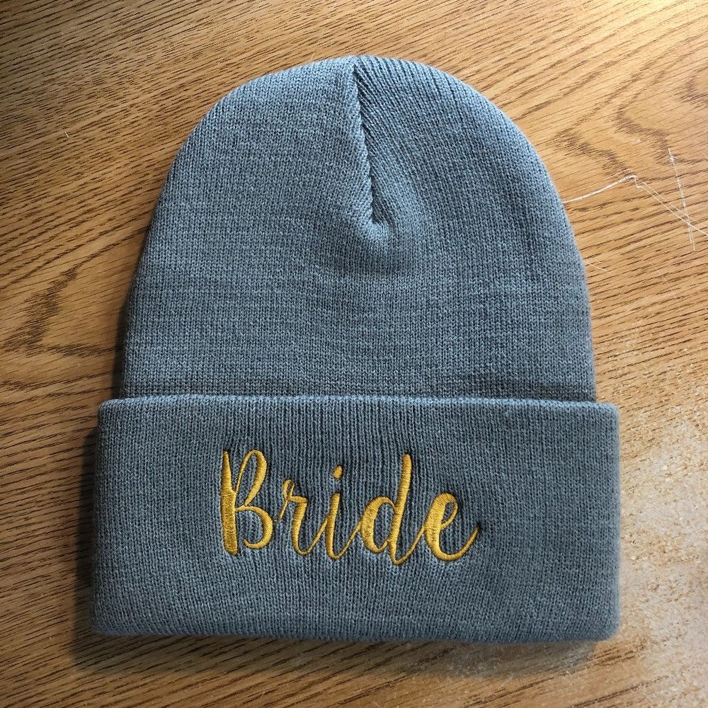 NWT Grey Winter Beanie, Gold Bride Embroidered